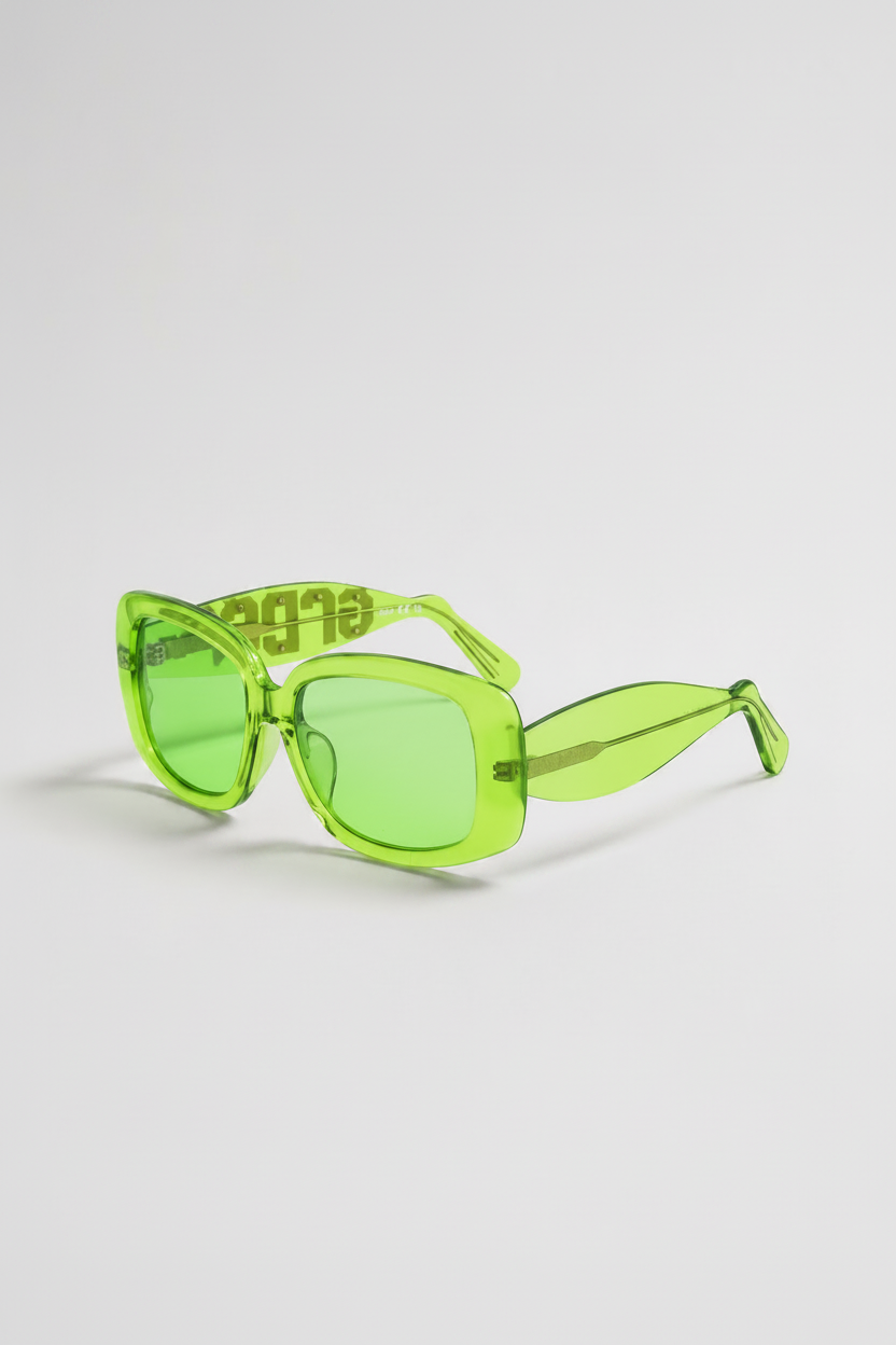 Bright lime green sunglasses with a translucent frame and matching green lenses, displayed on a clean light gray background.