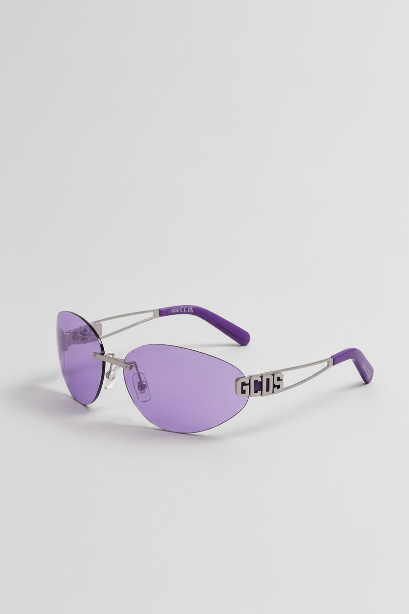 Gucci rimless sunglasses with purple lenses and purple temple tips, featuring a silver metal frame and the iconic GG logo on the front, set against a light gray background.
